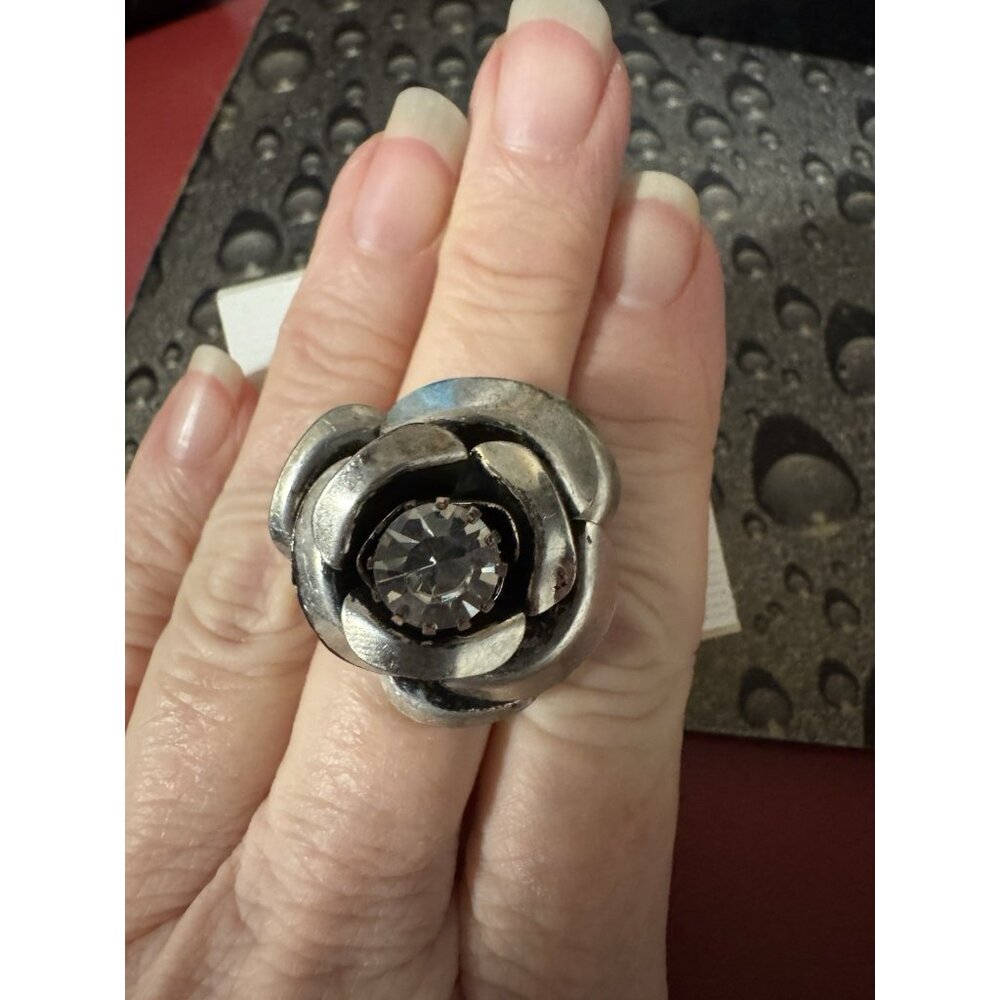 NEW Black Dark Silvertone W CZ Rose Flower Adjustable Fashion Ring Women O/S